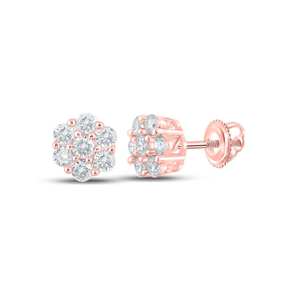 10kt Rose Gold Mens Round Diamond Flower Cluster Earrings 1/2 Cttw