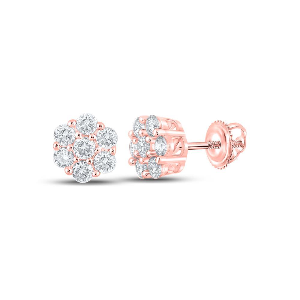 14kt Rose Gold Mens Round Diamond Flower Cluster Earrings 1/2 Cttw