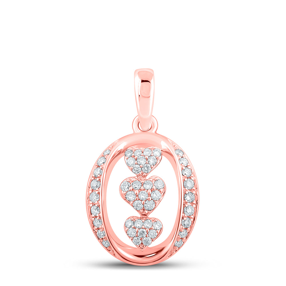 10kt Rose Gold Womens Round Diamond Triple Heart Pendant 1/4 Cttw