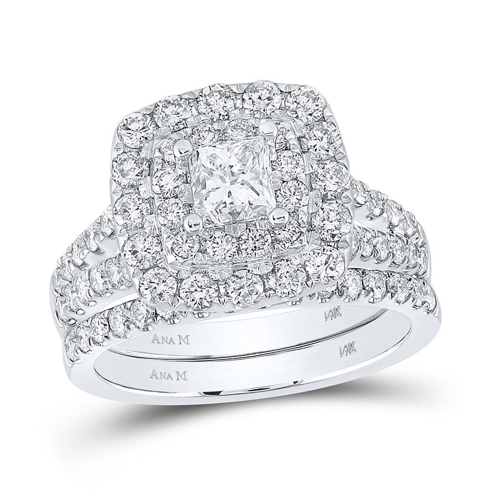 14kt White Gold Princess Diamond Halo Bridal Wedding Ring Band Set 2 Cttw