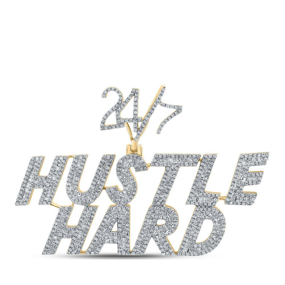 10kt Yellow Gold Mens Baguette Diamond Hustle Hard 24 7 Phrase Charm Pendant 2-5/8 Cttw