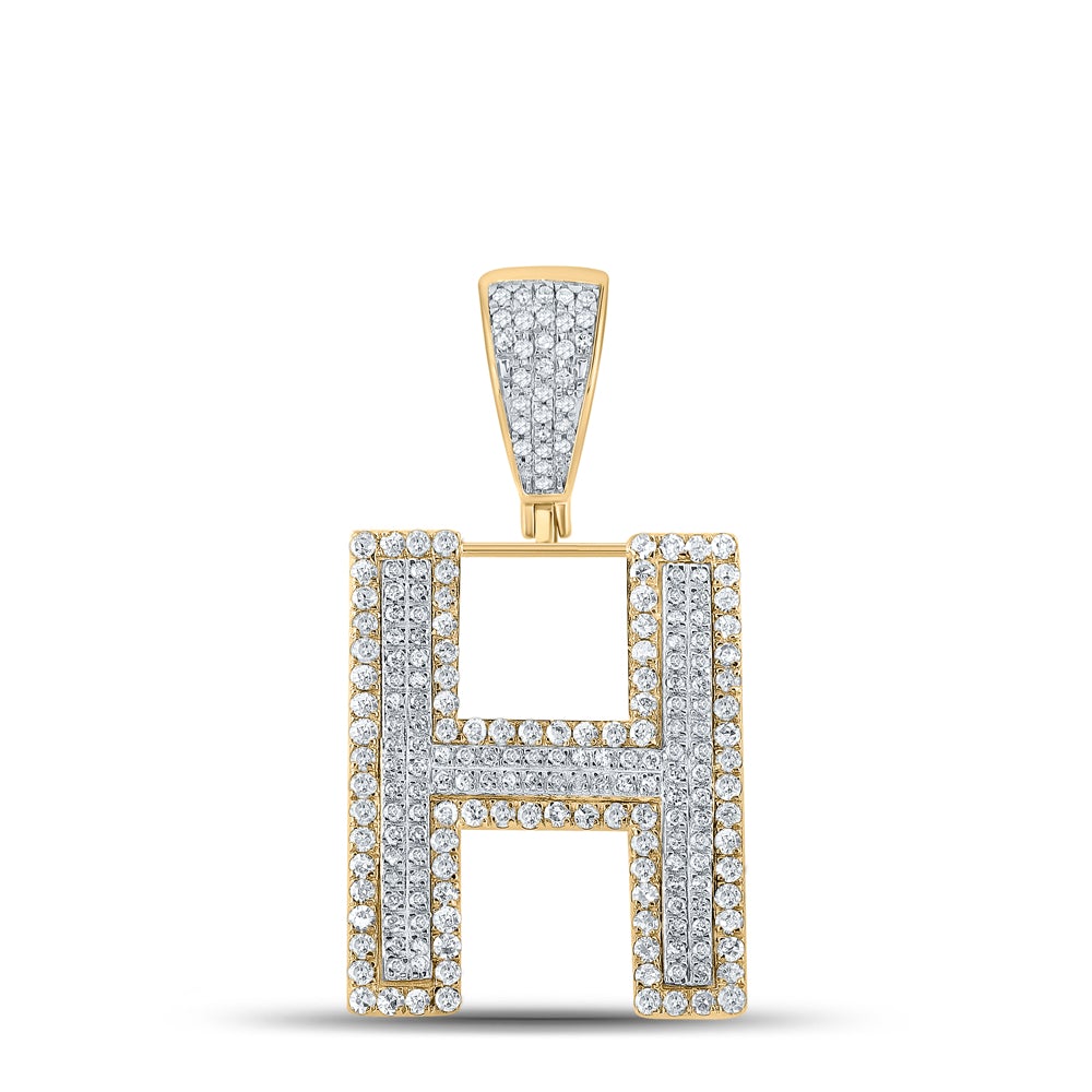 14kt Two-tone Gold Mens Round Diamond H Initial Letter Charm Pendant 7/8 Cttw