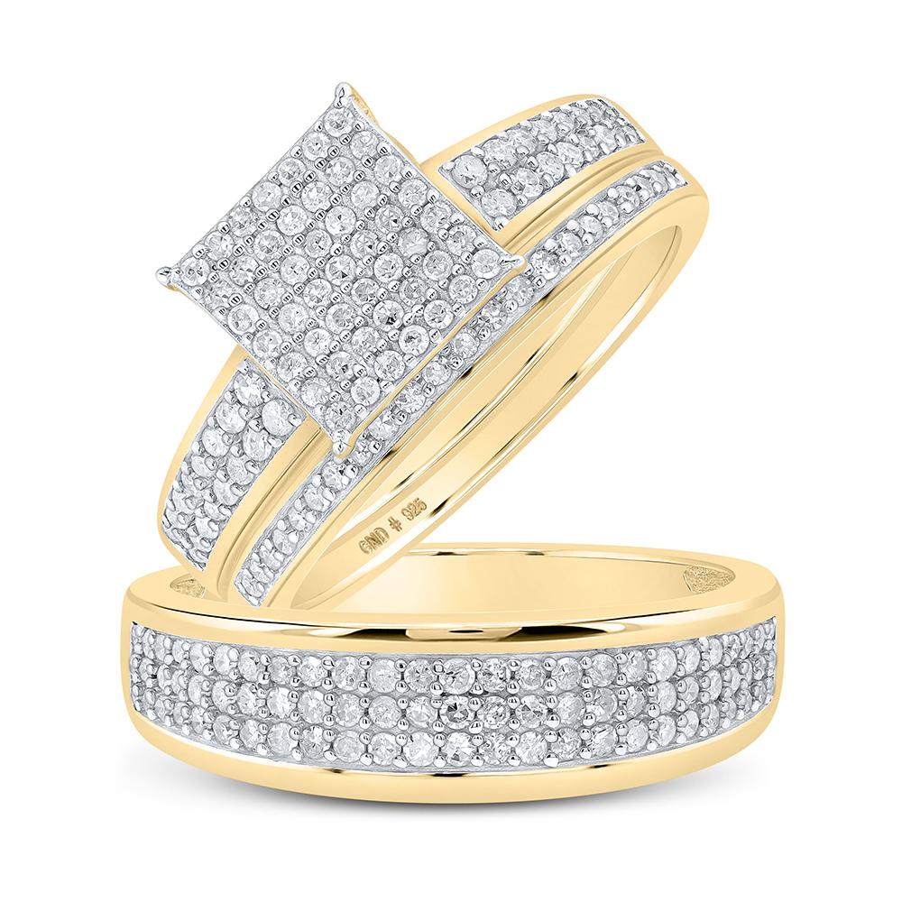 Yellow-tone Sterling Silver His Hers Round Diamond Square Matching Wedding Set 7/8 Cttw