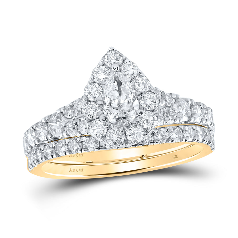 14kt Yellow Gold Pear Diamond Halo Bridal Wedding Ring Band Set 1-1/2 Cttw