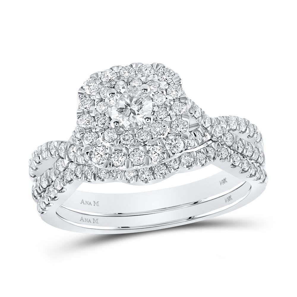14kt White Gold Round Diamond Halo Bridal Wedding Ring Band Set 1 Cttw