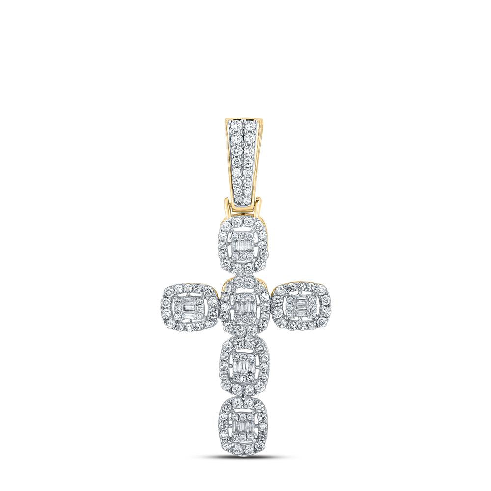 10kt Yellow Gold Mens Baguette Diamond Cross Charm Pendant 1-1/3 Cttw