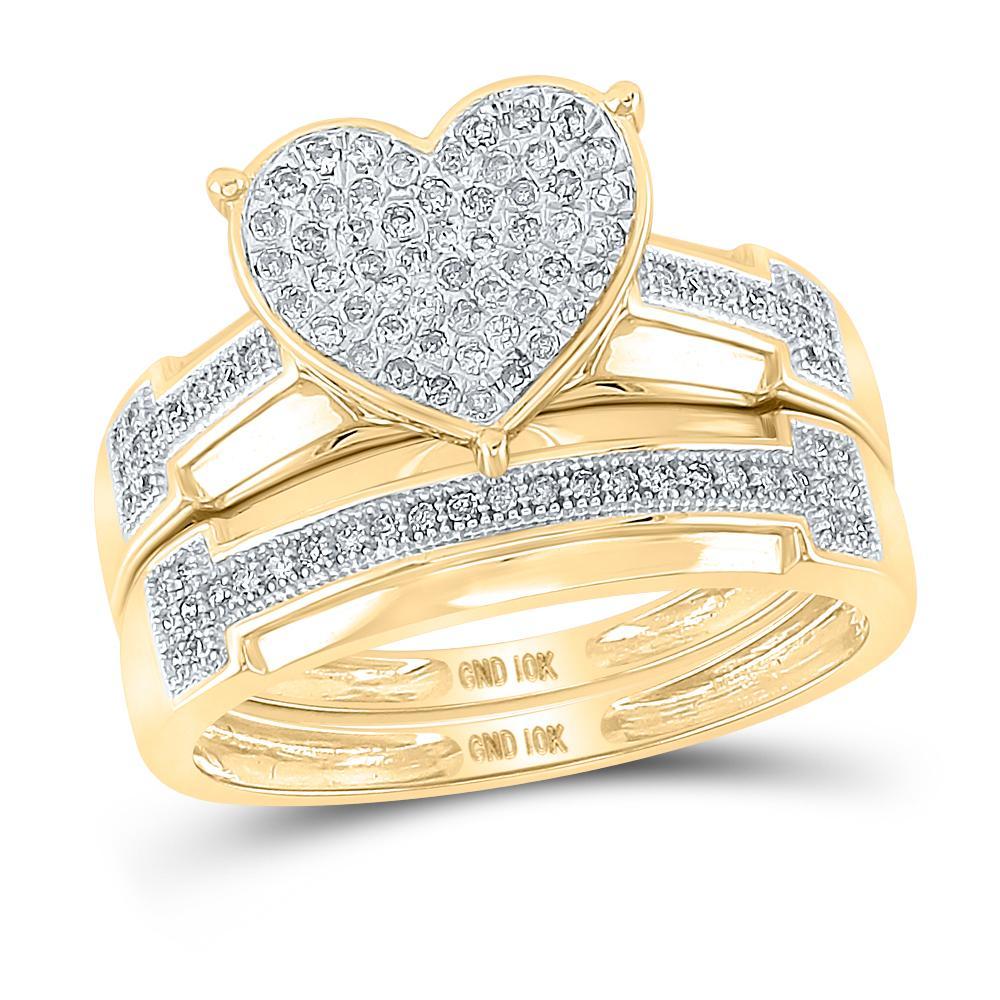 10kt Yellow Gold His Hers Round Diamond Heart Matching Wedding Set 1/2 Cttw