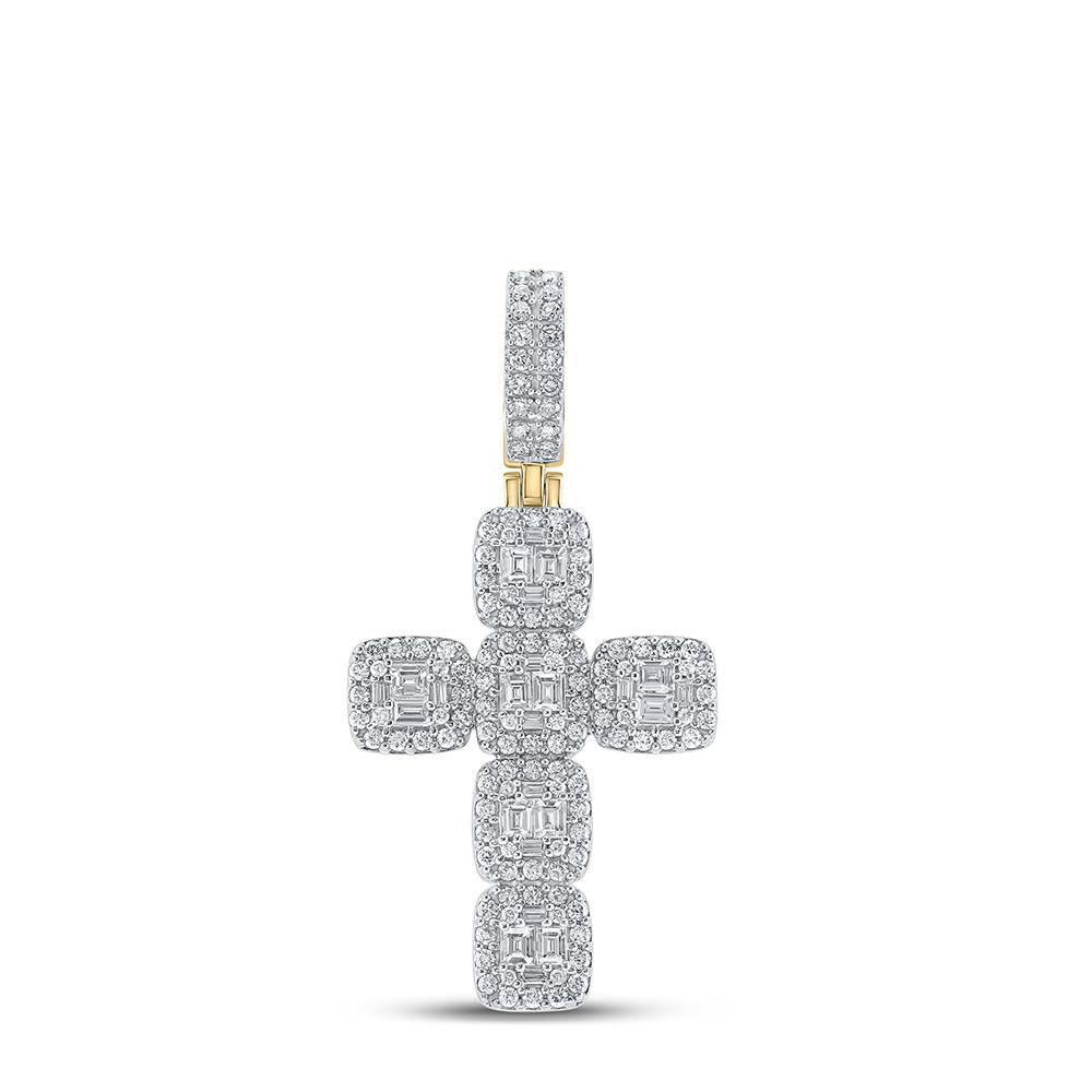 10kt Yellow Gold Mens Baguette Diamond Cross Charm Pendant 1-7/8 Cttw