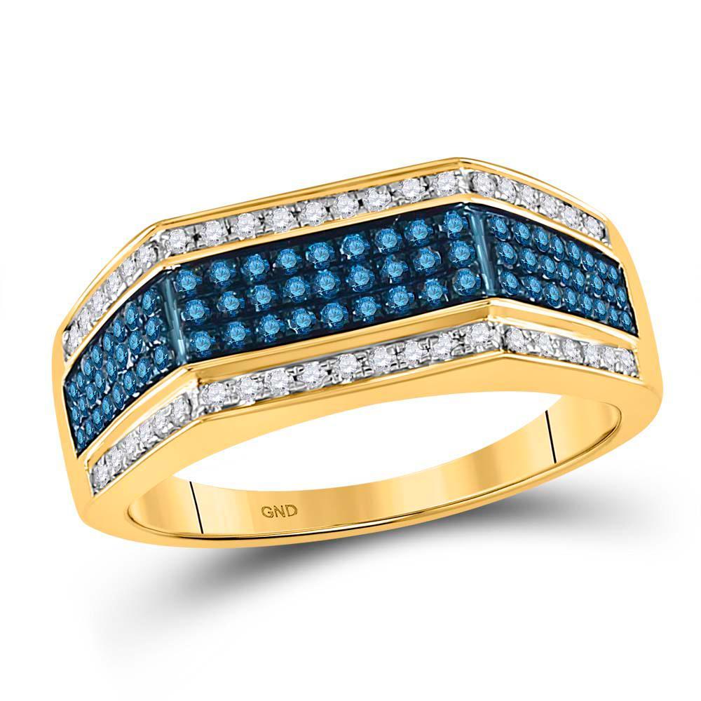 10kt Yellow Gold Mens Round Blue Color Enhanced Diamond Band Ring 3/4 Cttw