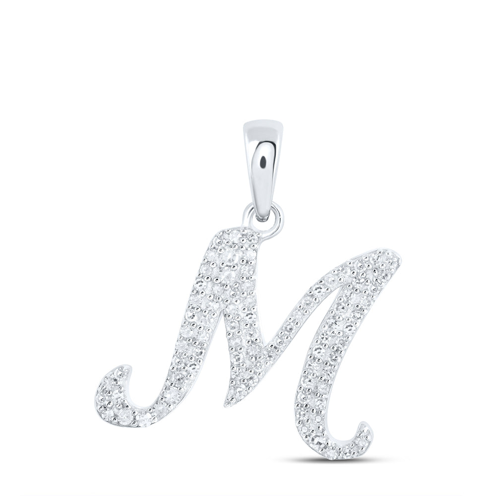 10kt White Gold Womens Round Diamond M Initial Letter Pendant 1/5 Cttw