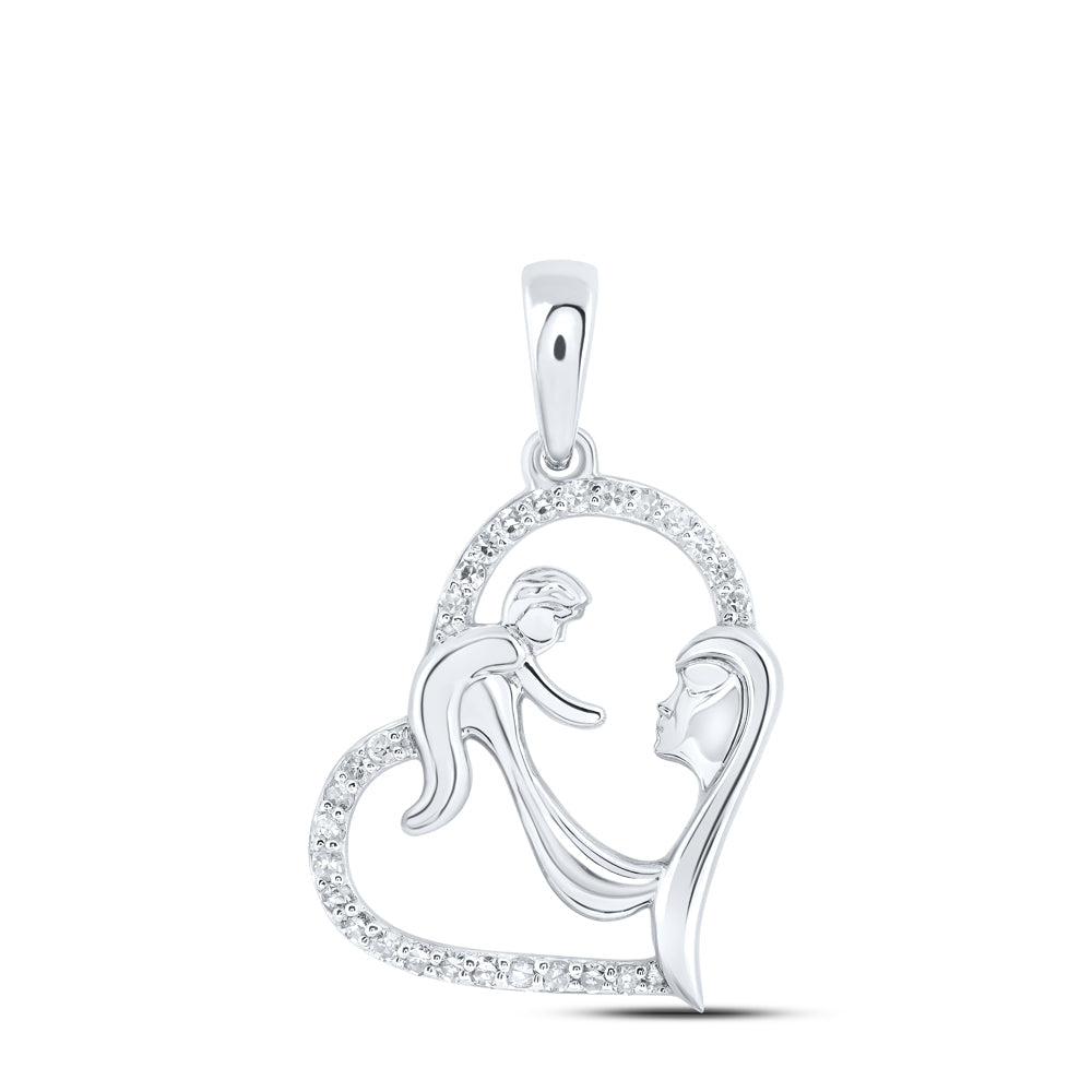 10kt White Gold Womens Round Diamond Mom Child Heart Pendant 1/8 Cttw