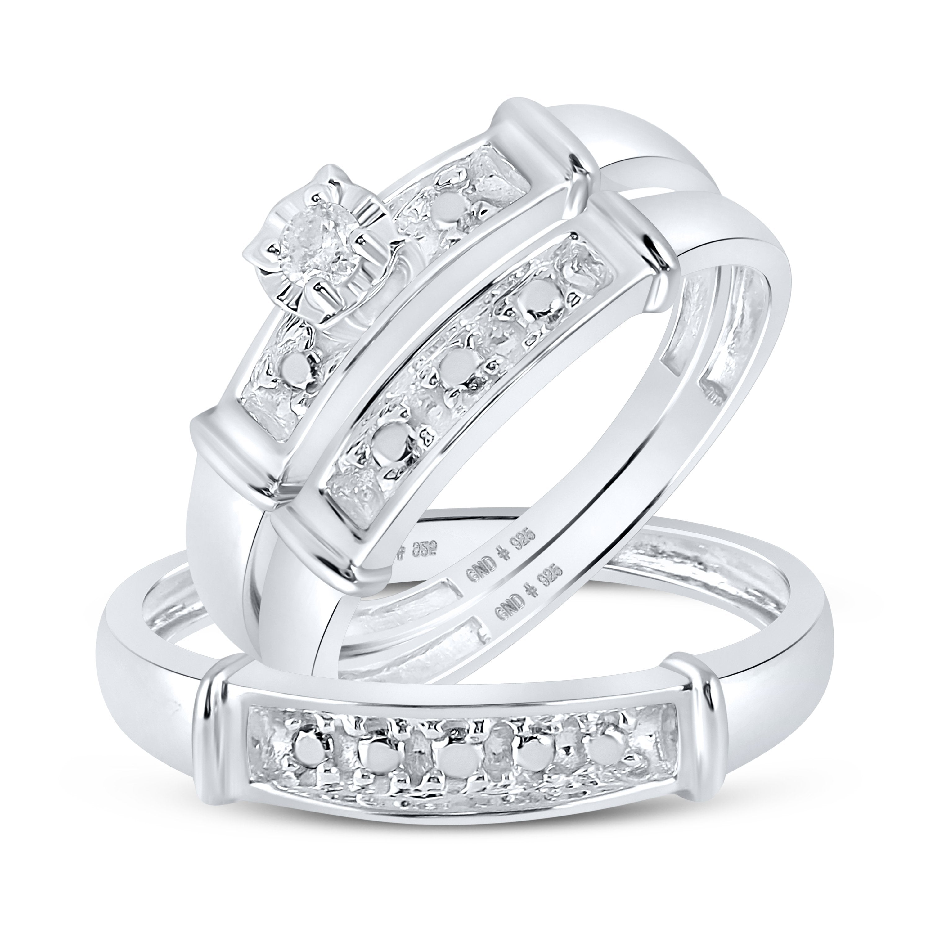 Sterling Silver His Hers Round Diamond Solitaire Matching Wedding Set 1/20 Cttw