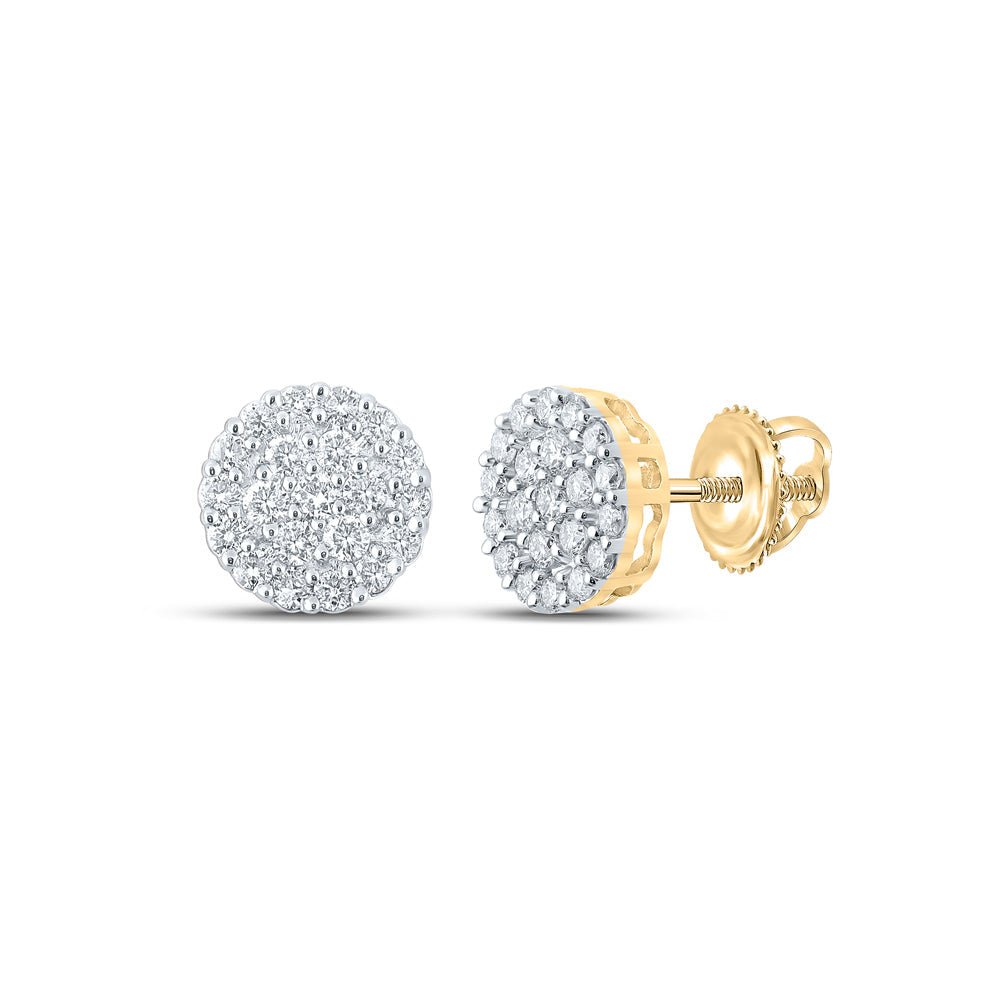 14kt Yellow Gold Mens Round Diamond Cluster Earrings 1 Cttw