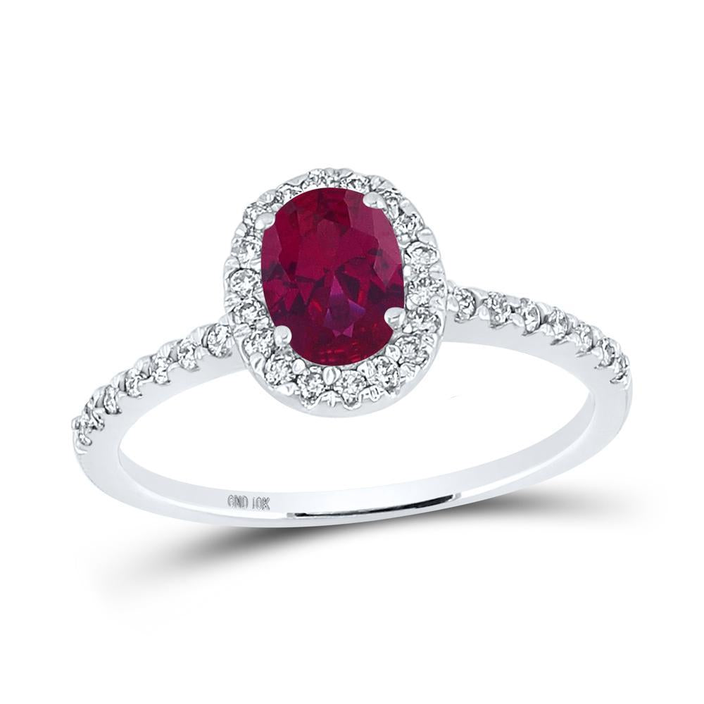 10kt White Gold Womens Oval Lab-Created Ruby Solitaire Ring 1-1/4 Cttw