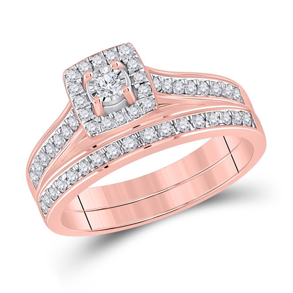 10kt Rose Gold Round Diamond Halo Bridal Wedding Ring Band Set 1/2 Cttw