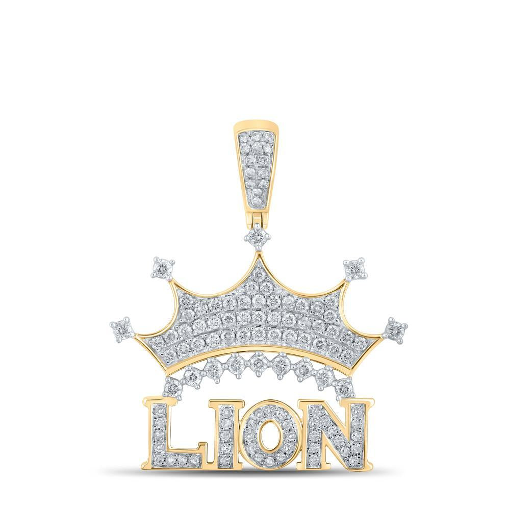 10kt Yellow Gold Mens Round Diamond Lion Crown Phrase Charm Pendant 7/8 Cttw