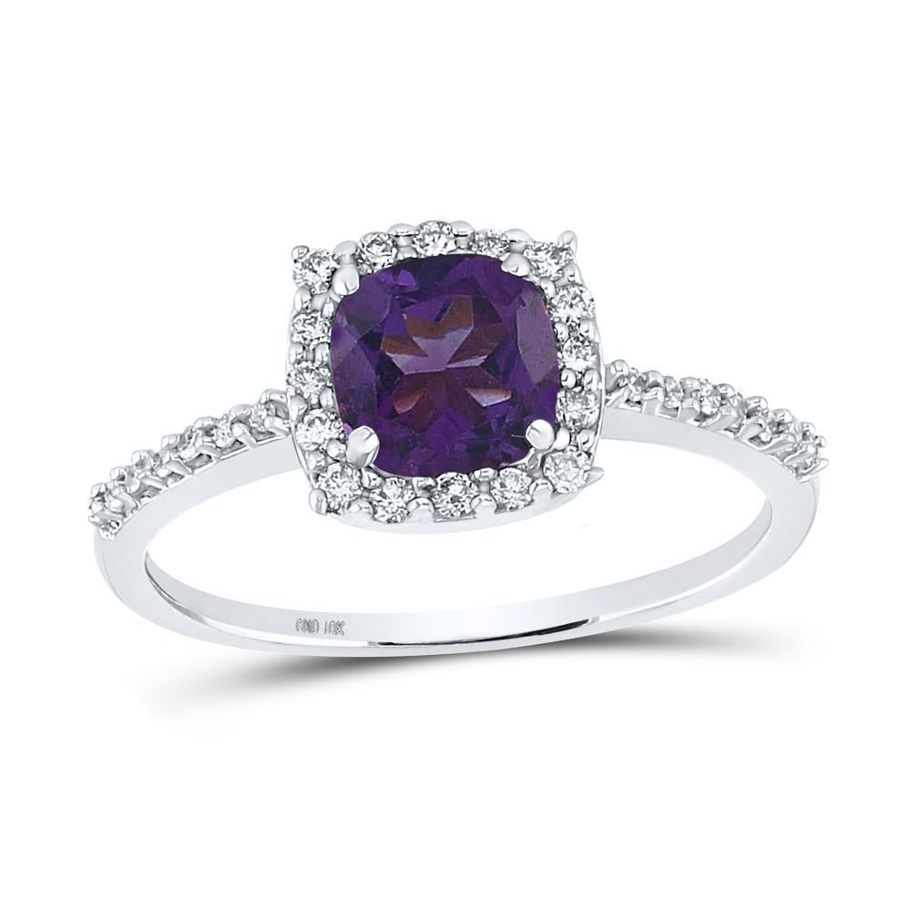 10kt White Gold Womens Cushion Lab-Created Amethyst Diamond Solitaire Ring 1 Cttw