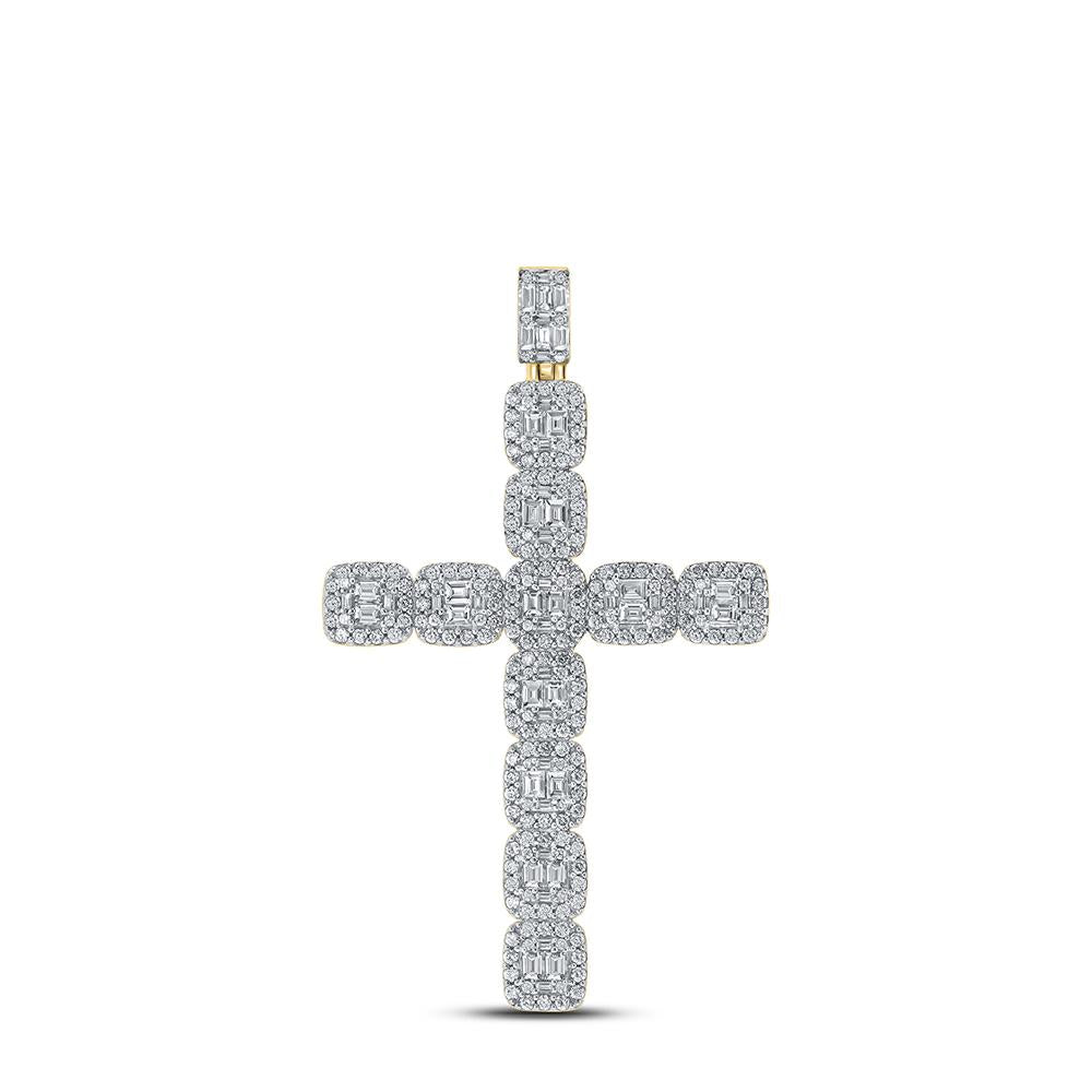 10kt Yellow Gold Mens Baguette Diamond Cross Charm Pendant 3-1/3 Cttw