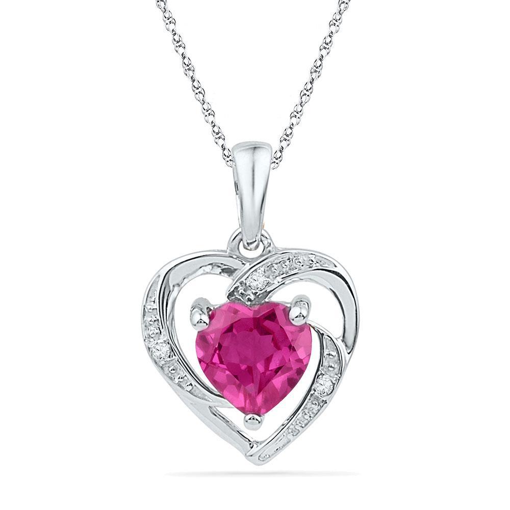 10kt White Gold Womens Round Synthetic Ruby Heart Pendant 1 Cttw