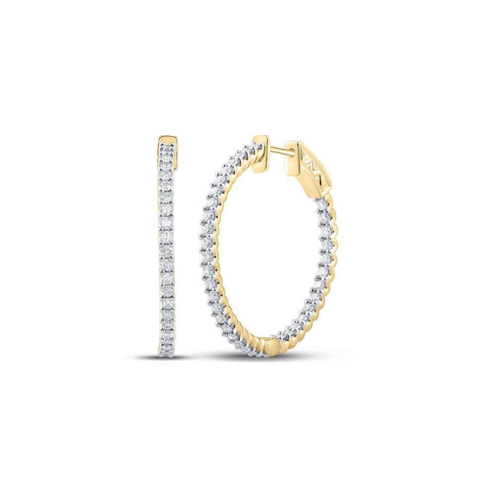 14kt Yellow Gold Womens Round Diamond Slender In Out Hoop Earrings 1-1/2 Cttw
