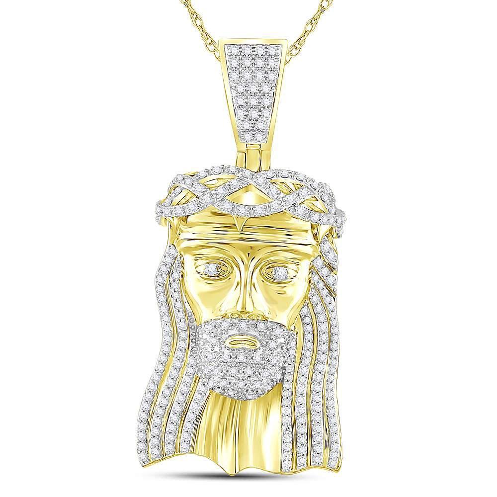 10kt Yellow Gold Mens Round Diamond Jesus Face Charm Pendant 3 Cttw