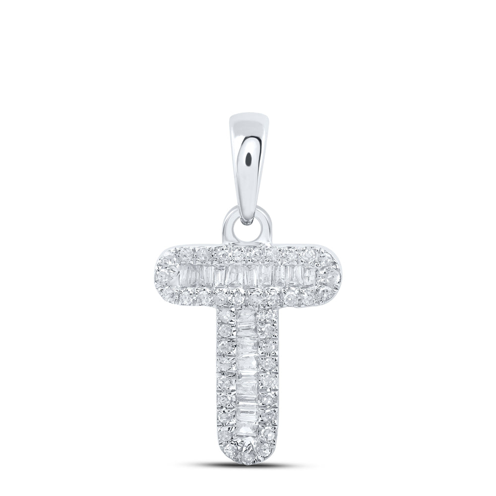 10kt White Gold Womens Baguette Diamond T Initial Letter Pendant 1/4 Cttw