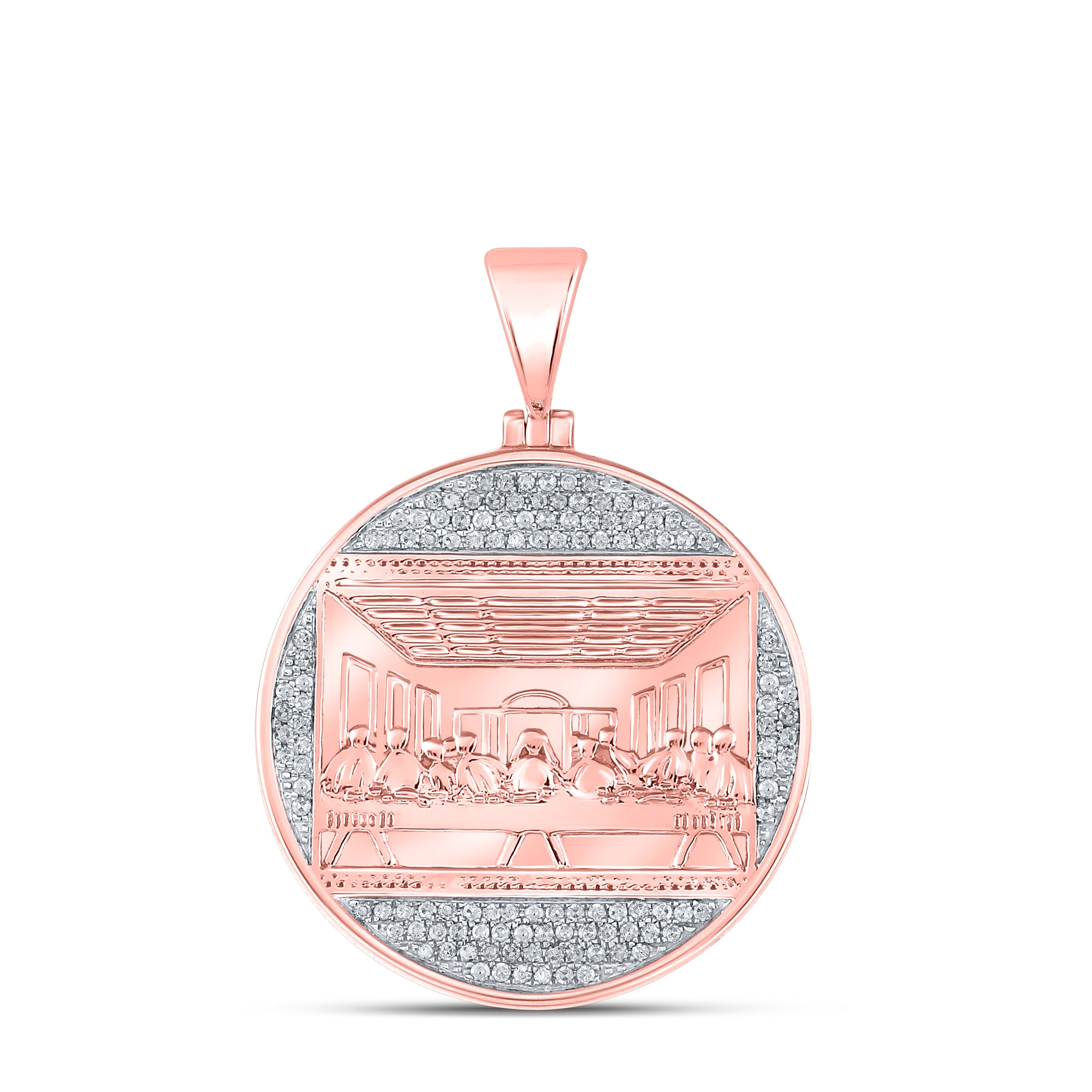10kt Rose Gold Mens Round Diamond Last Supper Circle Charm Pendant 1/2 Cttw
