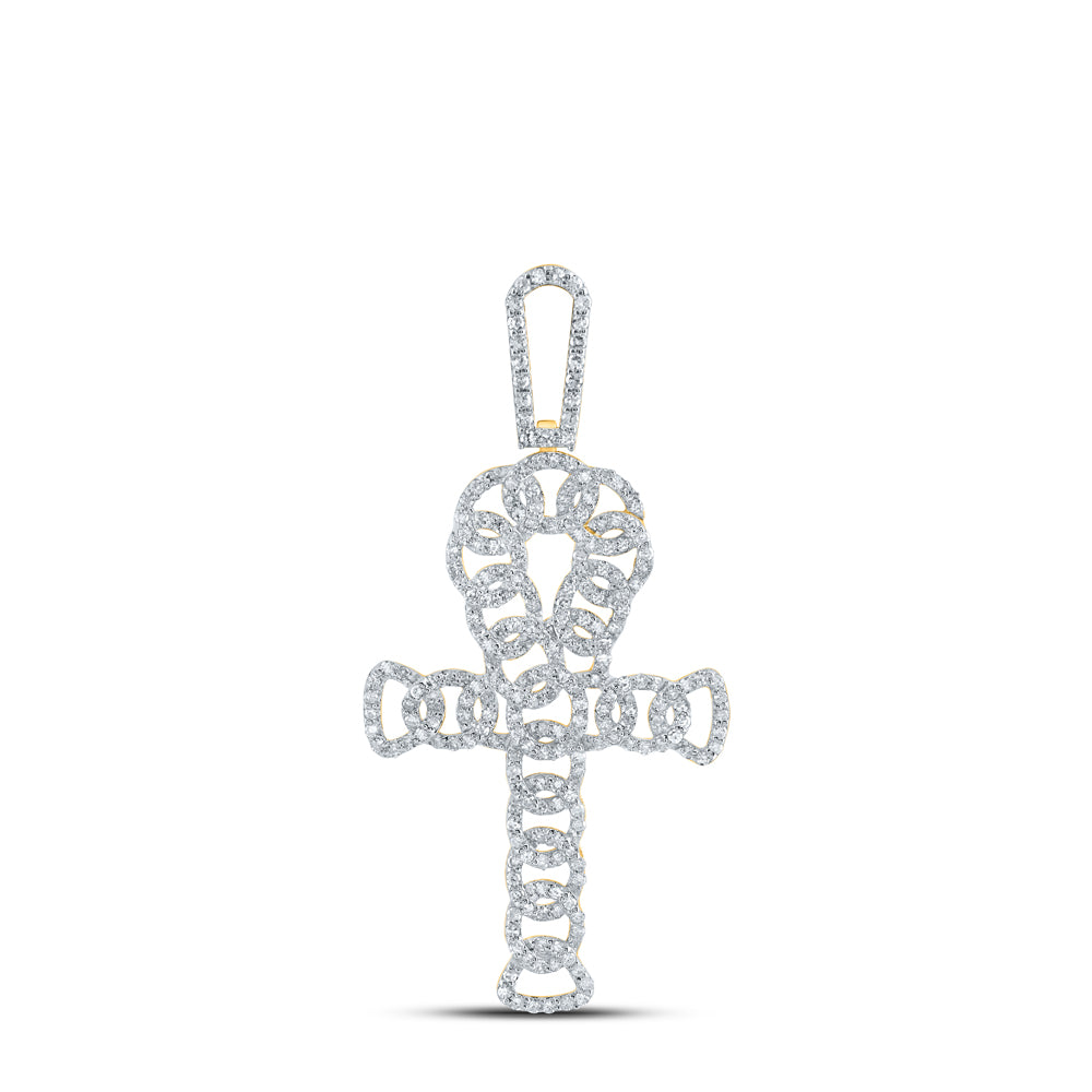 14kt Yellow Gold Mens Round Diamond Ankh Charm Pendant 7/8 Cttw