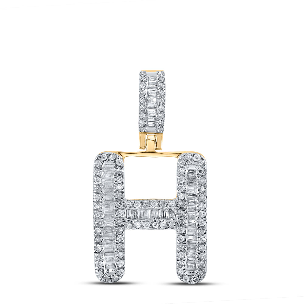 10kt Yellow Gold Mens Baguette Diamond H Initial Letter Pendant 1/2 Cttw