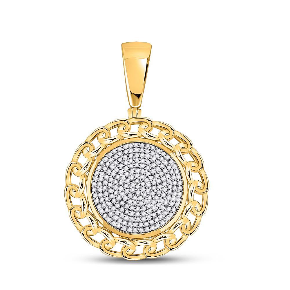 14kt Yellow Gold Mens Round Diamond Cuban Link Circle Charm Pendant 1/2 Cttw