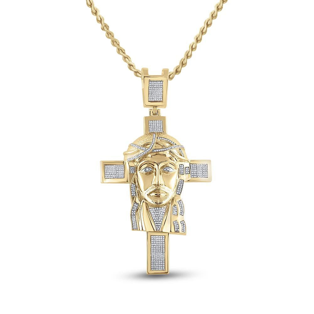 10kt Yellow Gold Mens Round Diamond Jesus Face Cross Charm Pendant 1-1/4 Cttw