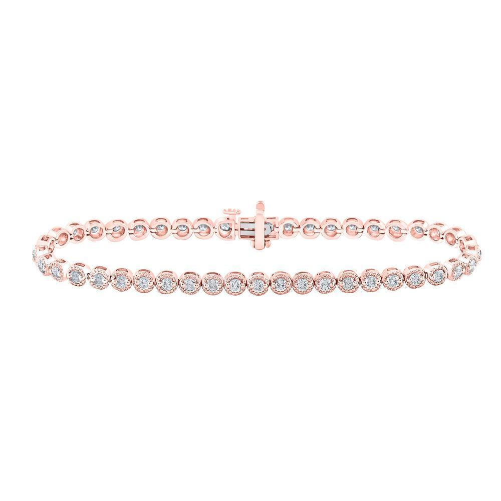 14kt Rose Gold Womens Round Diamond Milgrain Tennis Bracelet 2 Cttw