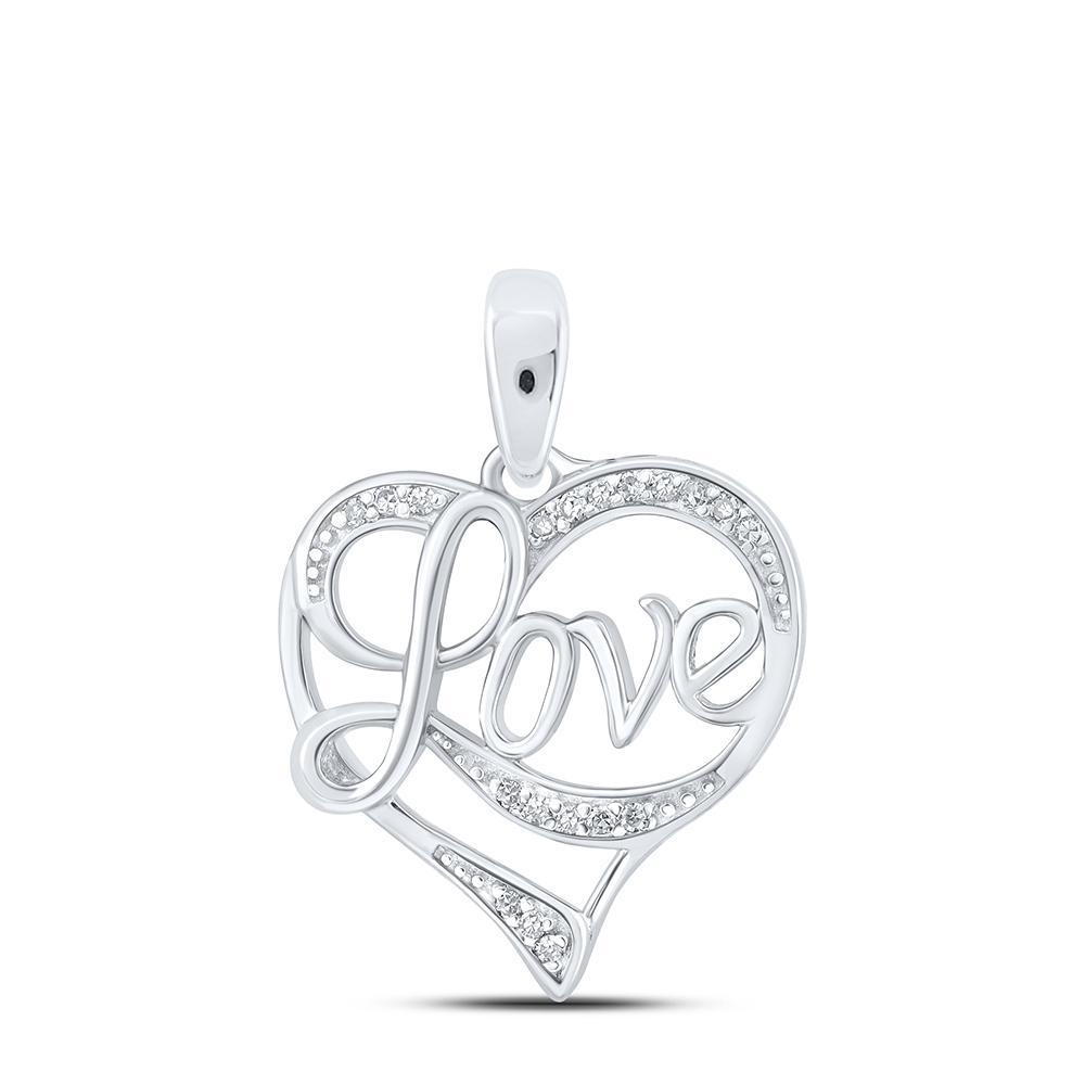 Sterling Silver Womens Round Diamond Love Heart Pendant 1/20 Cttw