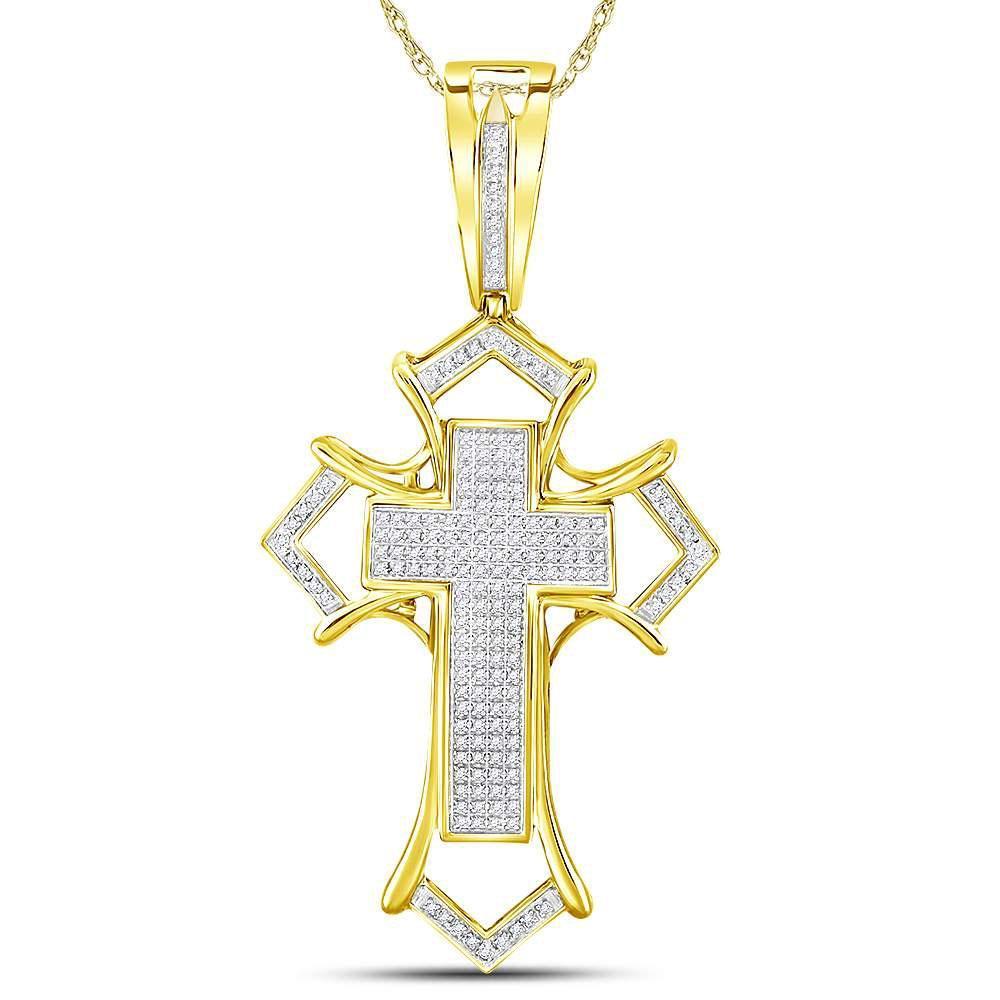 10kt Yellow Gold Mens Round Diamond Gothic Cross Charm Pendant 1/2 Cttw