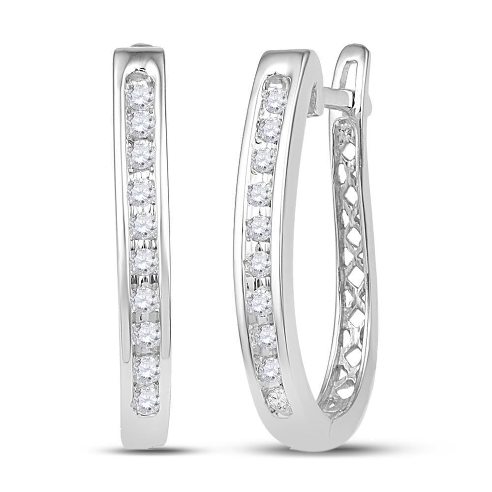 10kt White Gold Womens Round Diamond Slender Single Row Oblong Hoop Earrings 1/5 Cttw