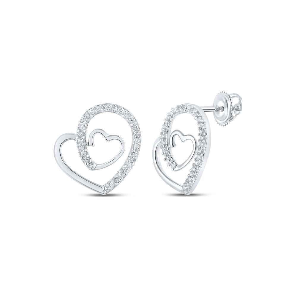 10kt White Gold Womens Round Diamond Heart Earrings 1/6 Cttw