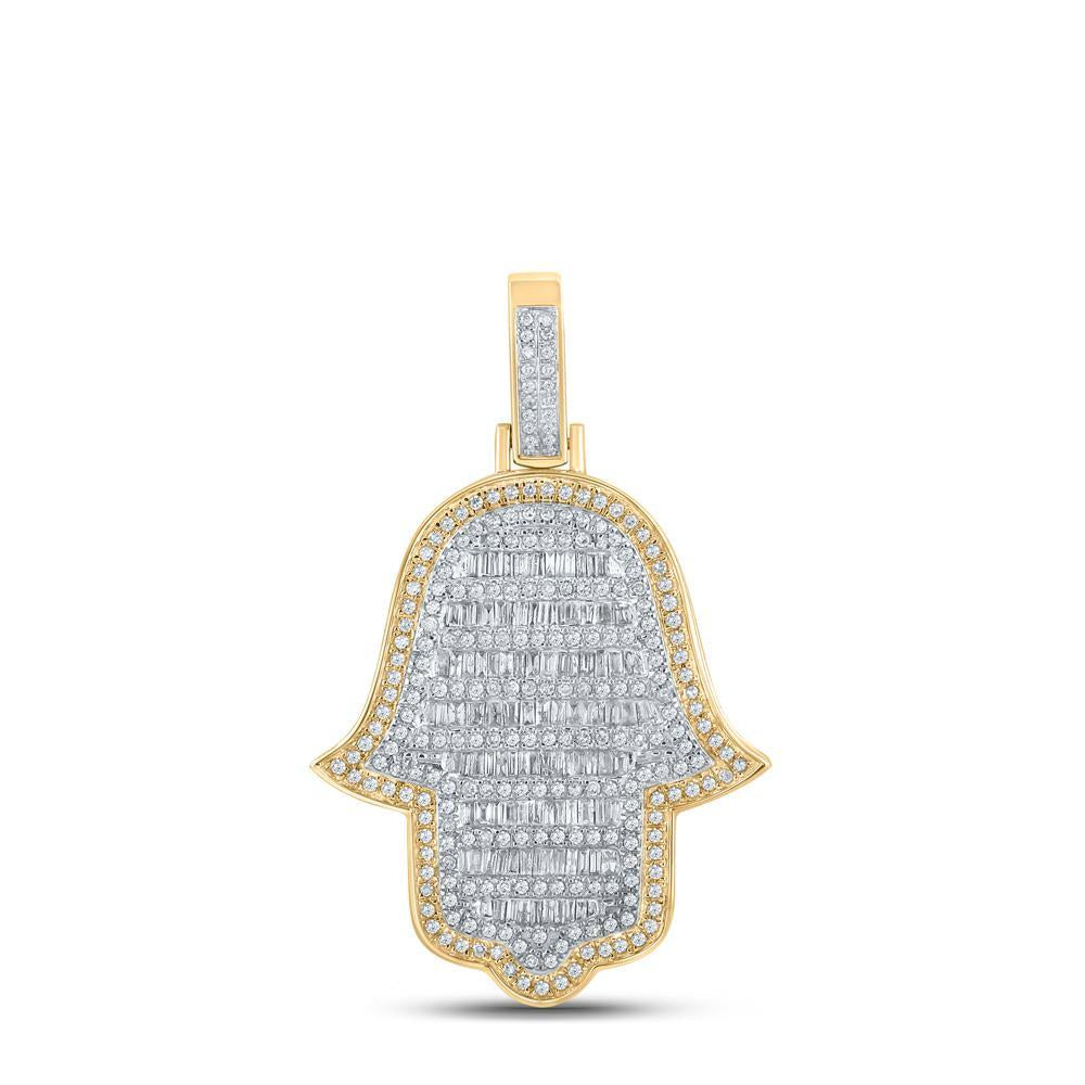 10kt Yellow Gold Mens Baguette Diamond Hamsa Charm Pendant 1-5/8 Cttw