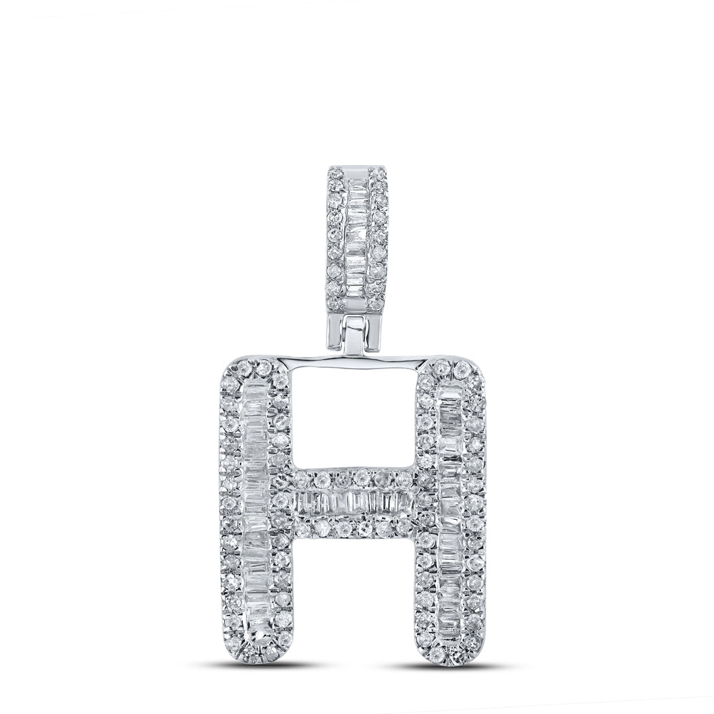 10kt White Gold Mens Baguette Diamond H Initial Letter Pendant 1/2 Cttw