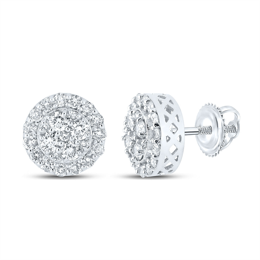 14kt White Gold Mens Round Diamond Cluster Earrings 7/8 Cttw