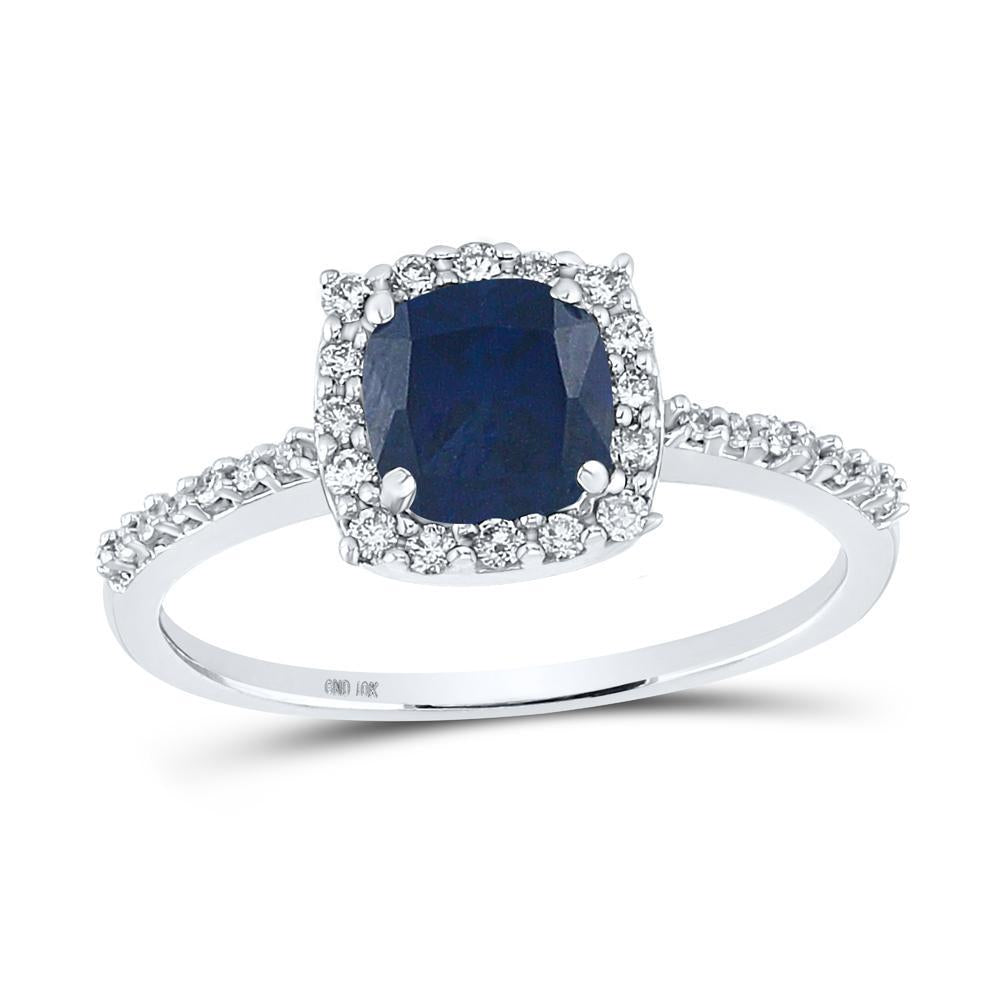 10kt White Gold Womens Cushion Lab-Created Blue Sapphire Diamond Solitaire Ring 1-1/2 Cttw