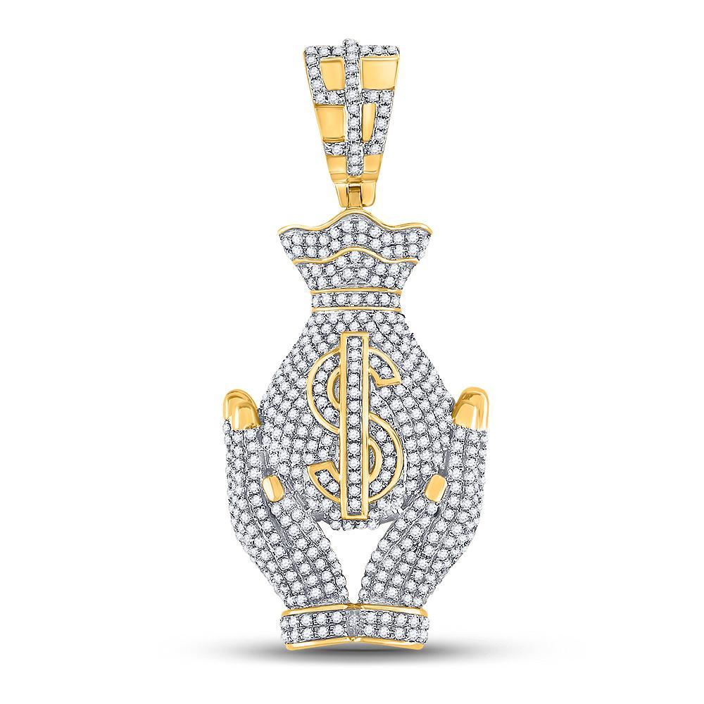 10kt Yellow Gold Mens Round Diamond Money Bag Hands Charm Pendant 1-1/3 Cttw