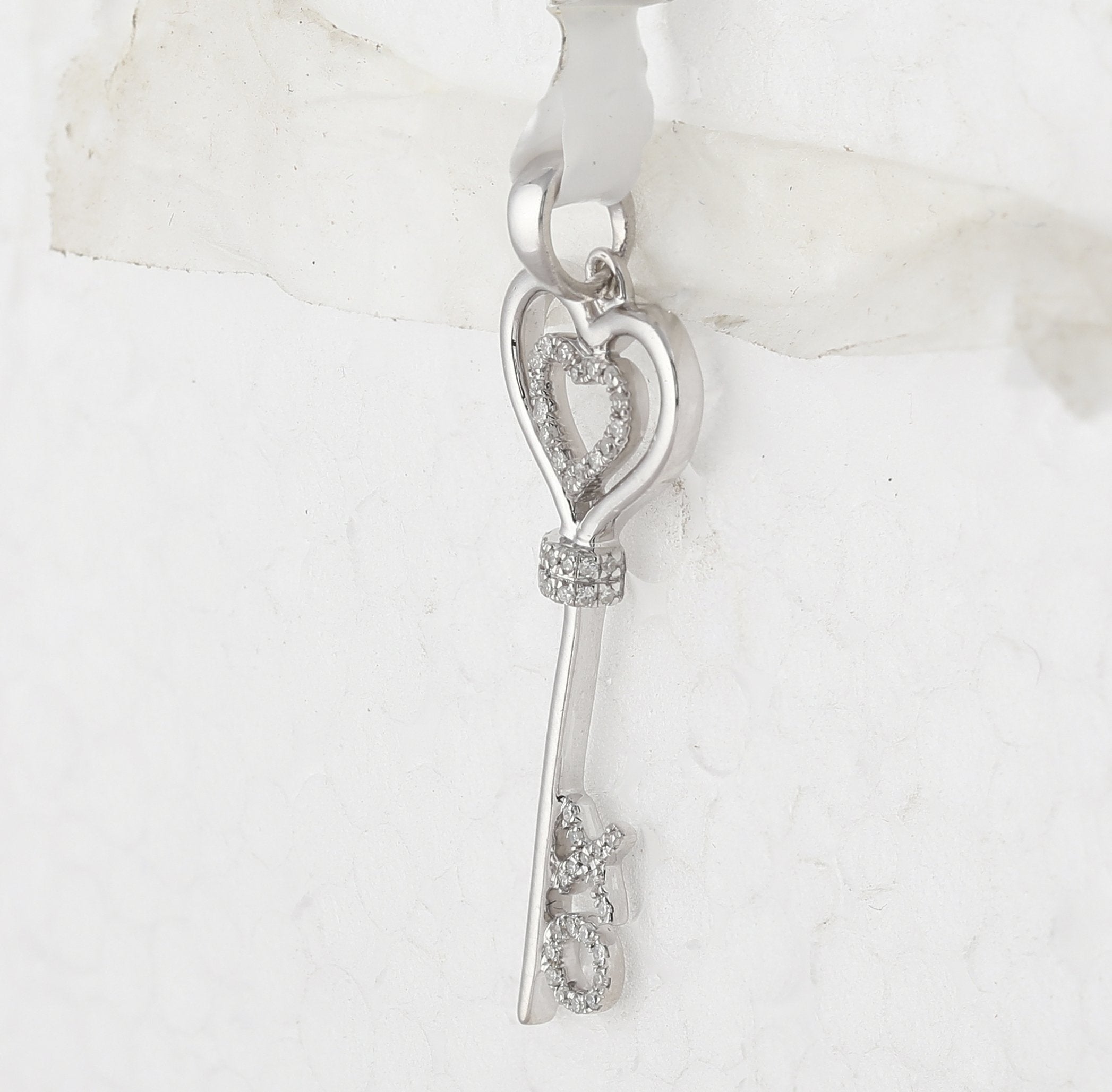 Sterling Silver Womens Round Diamond Heart XO Key Pendant 1/8 Cttw