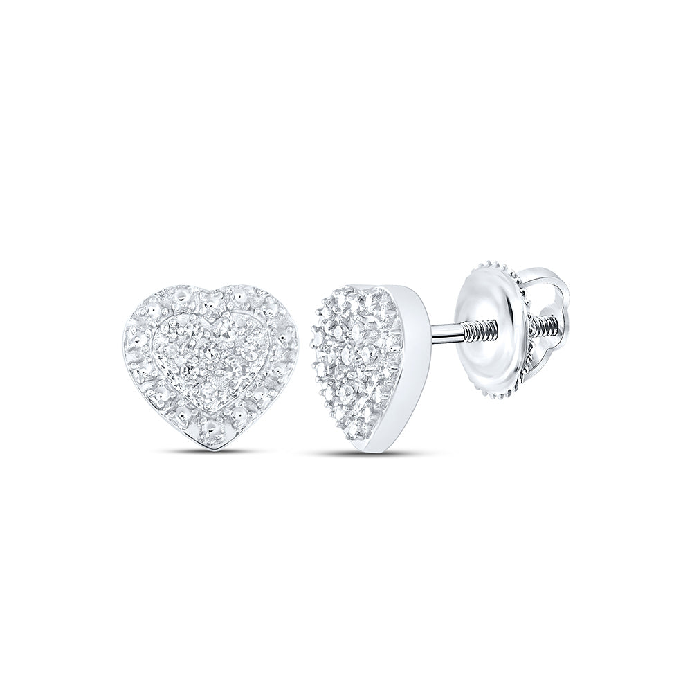 Sterling Silver Womens Round Diamond Heart Earrings 1/20 Cttw