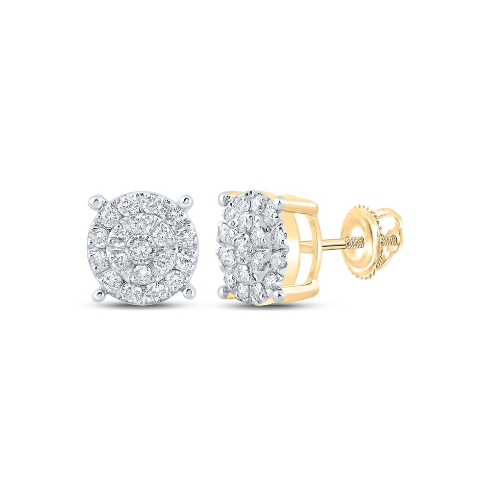 14kt Yellow Gold Mens Round Diamond Cluster Earrings 5/8 Cttw