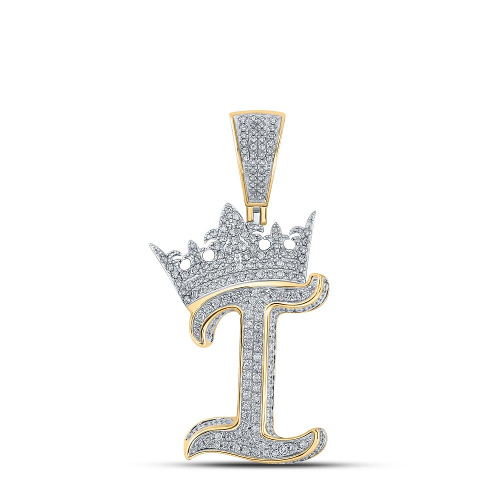 10kt Two-tone Gold Mens Round Diamond Crown I Letter Charm Pendant 1-1/3 Cttw