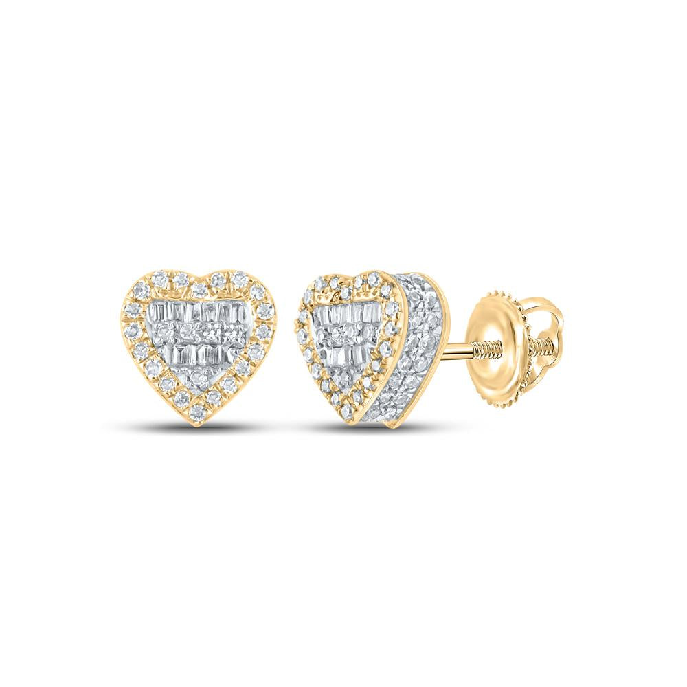 10kt Yellow Gold Mens Baguette Diamond Heart Earrings 3/8 Cttw