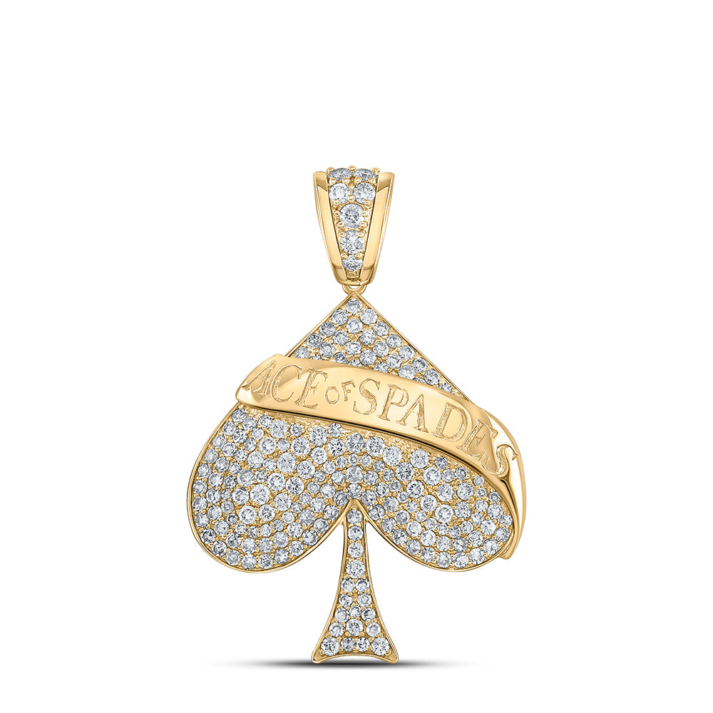 10kt Yellow Gold Mens Round Diamond Ace of Spades Charm Pendant 1-5/8 Cttw