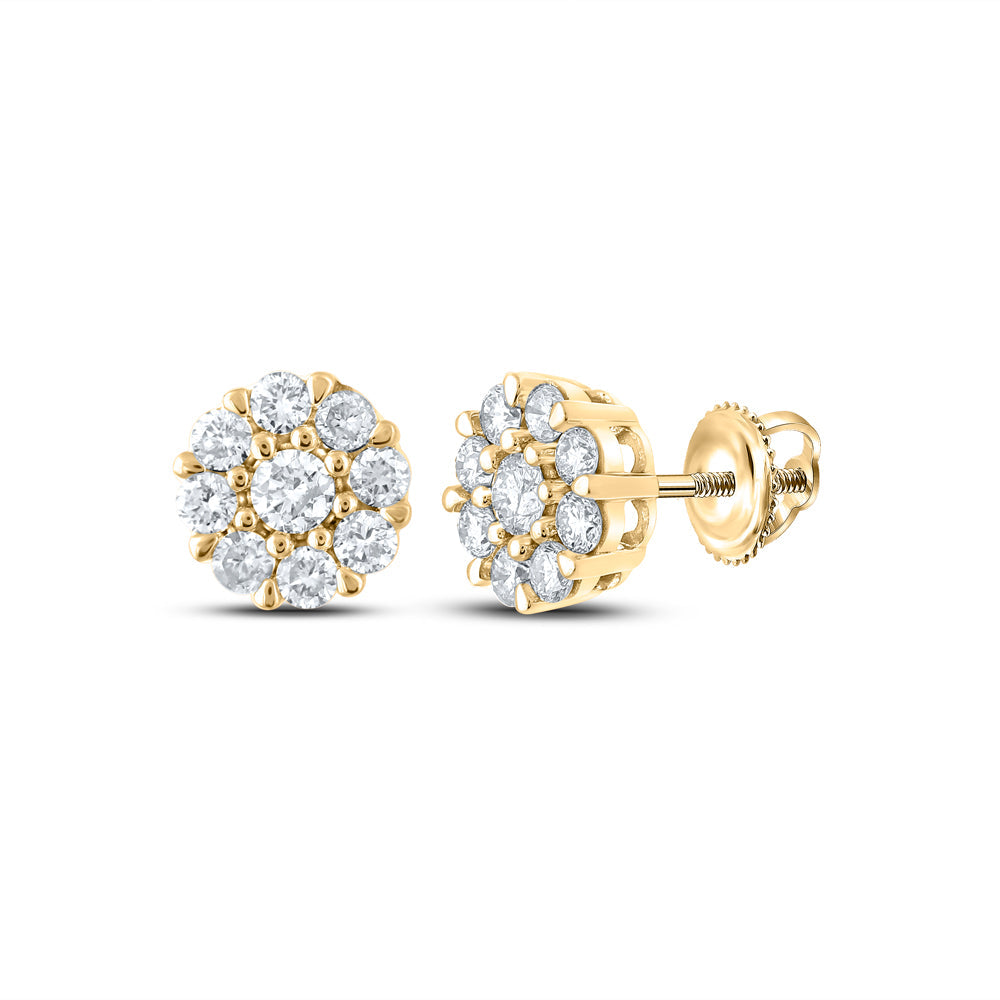 14kt Yellow Gold Mens Round Diamond Cluster Earrings 5/8 Cttw