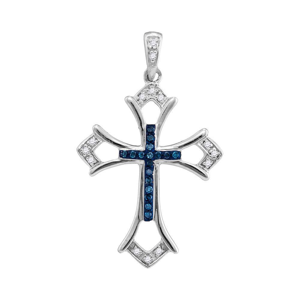 Sterling Silver Womens Round Blue Color Enhanced Diamond Cross Pendant 1/10 Cttw