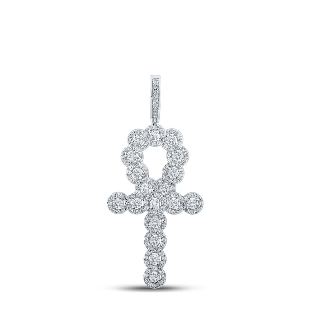 10kt White Gold Mens Round Diamond Ankh Cross Charm Pendant 1 Cttw